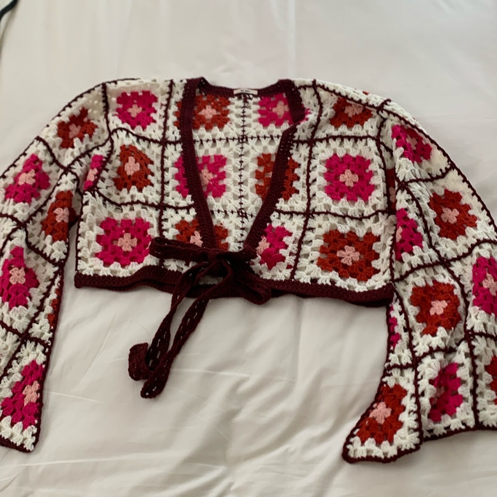 miami Crochet Granny Square Tie-Front Cardigan in White, Pink & Brown